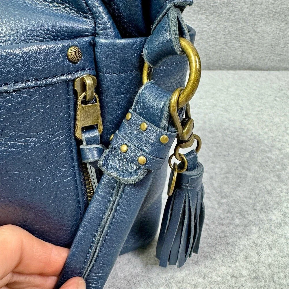 The Sak Hobo Shoulder Bag Womens Small Blue Pebbled Tassel Double Zip